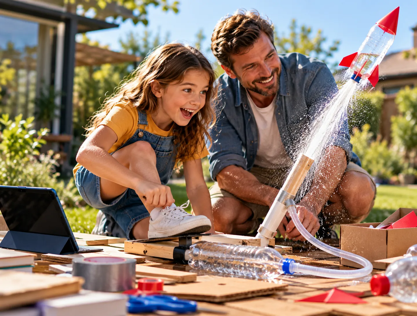 Father and daughter watch the launch of a rocket they built together